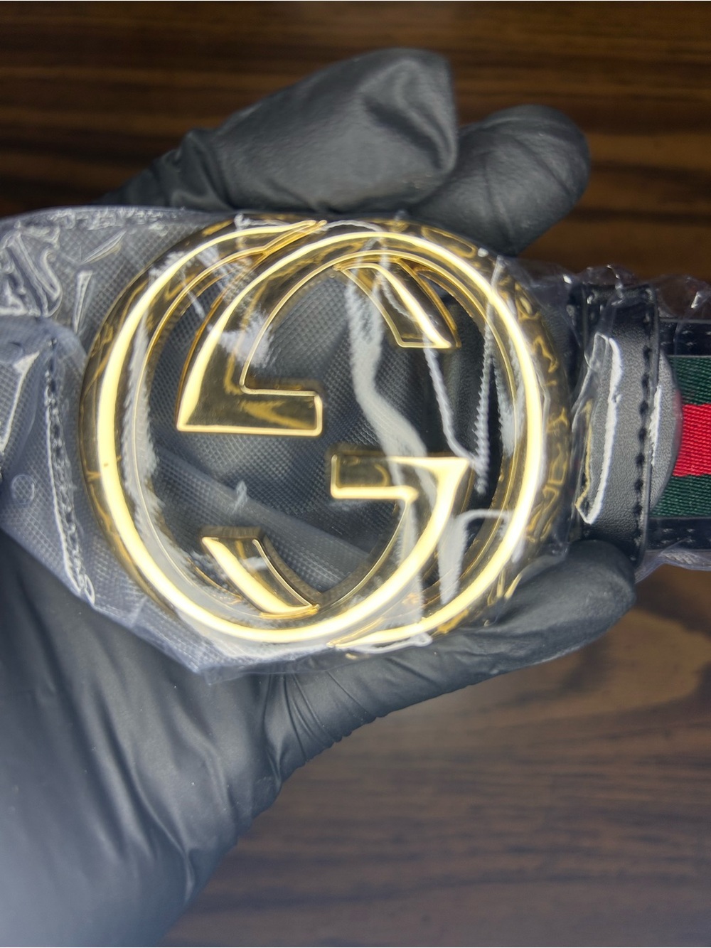 Gucci Gold Double G Buckle Belt with Green and Red Web